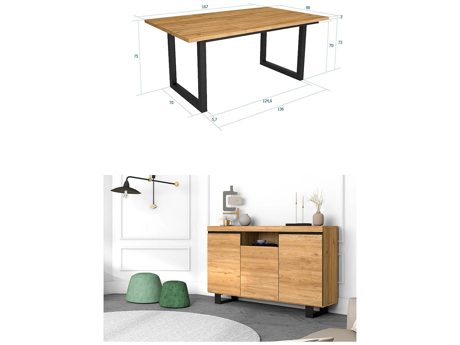 Ensemble de meubles de salon, Table 170 pieds U 8 convives, Crédence / Buffet 140 Tall, Chêne et Noir, Style Industriel