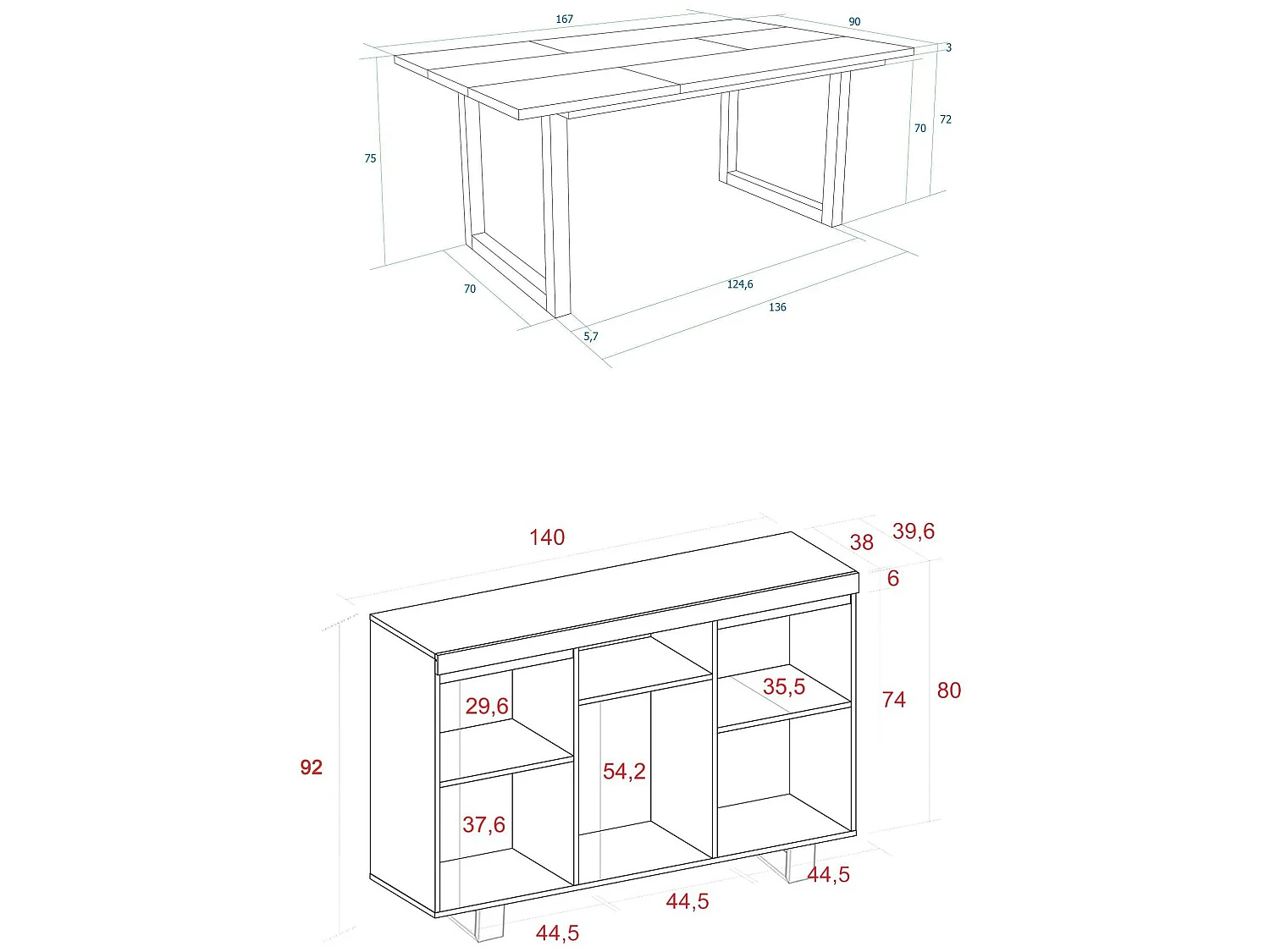 Ensemble de meubles de salon, Table 170 pieds U 8 convives, Crédence / Buffet 140 Tall, Chêne et Noir, Style Industriel