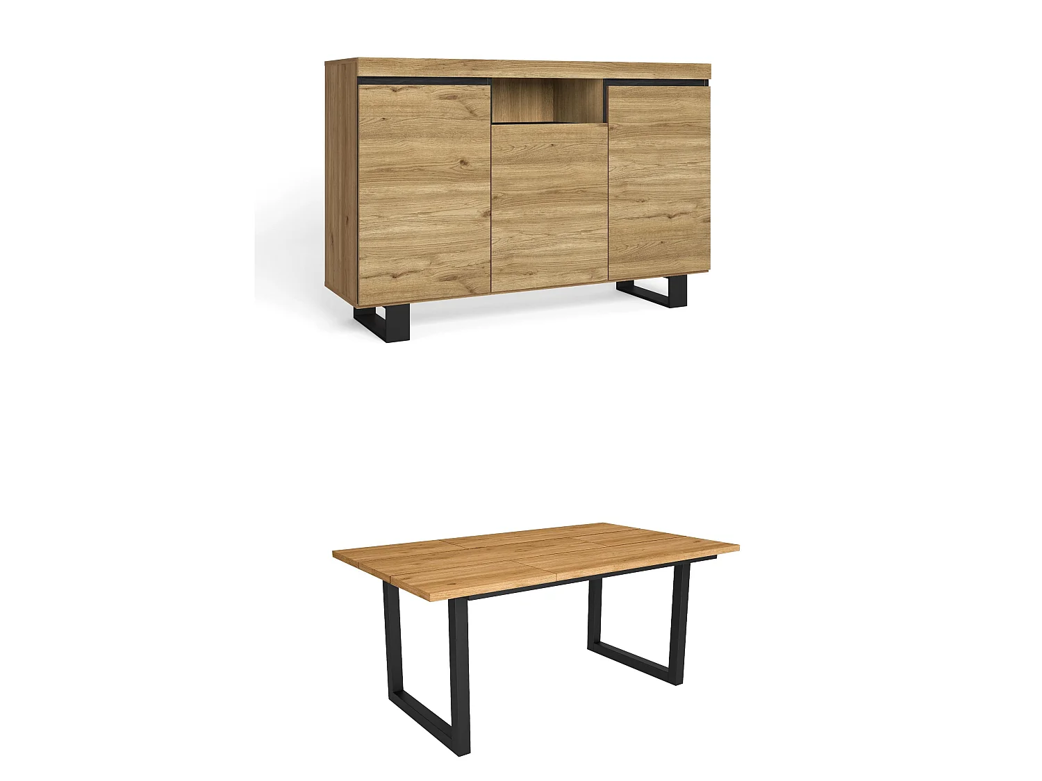 Ensemble de meubles de salon, Table 170 pieds U 8 convives, Crédence / Buffet 140 Tall, Chêne et Noir, Style Industriel