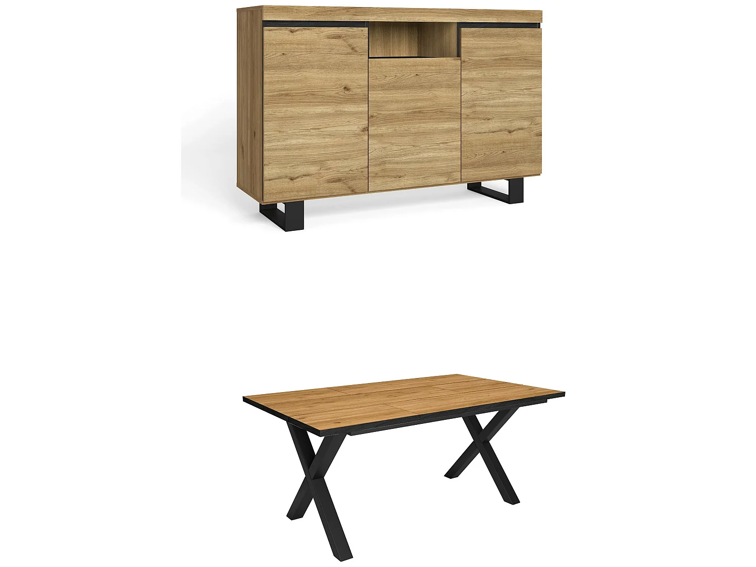 Ensemble de meubles de salon, Table 170 Front Noir pieds X 8 convives, Crédence / Buffet 140 Tall, Chêne et Noir, Style Industriel