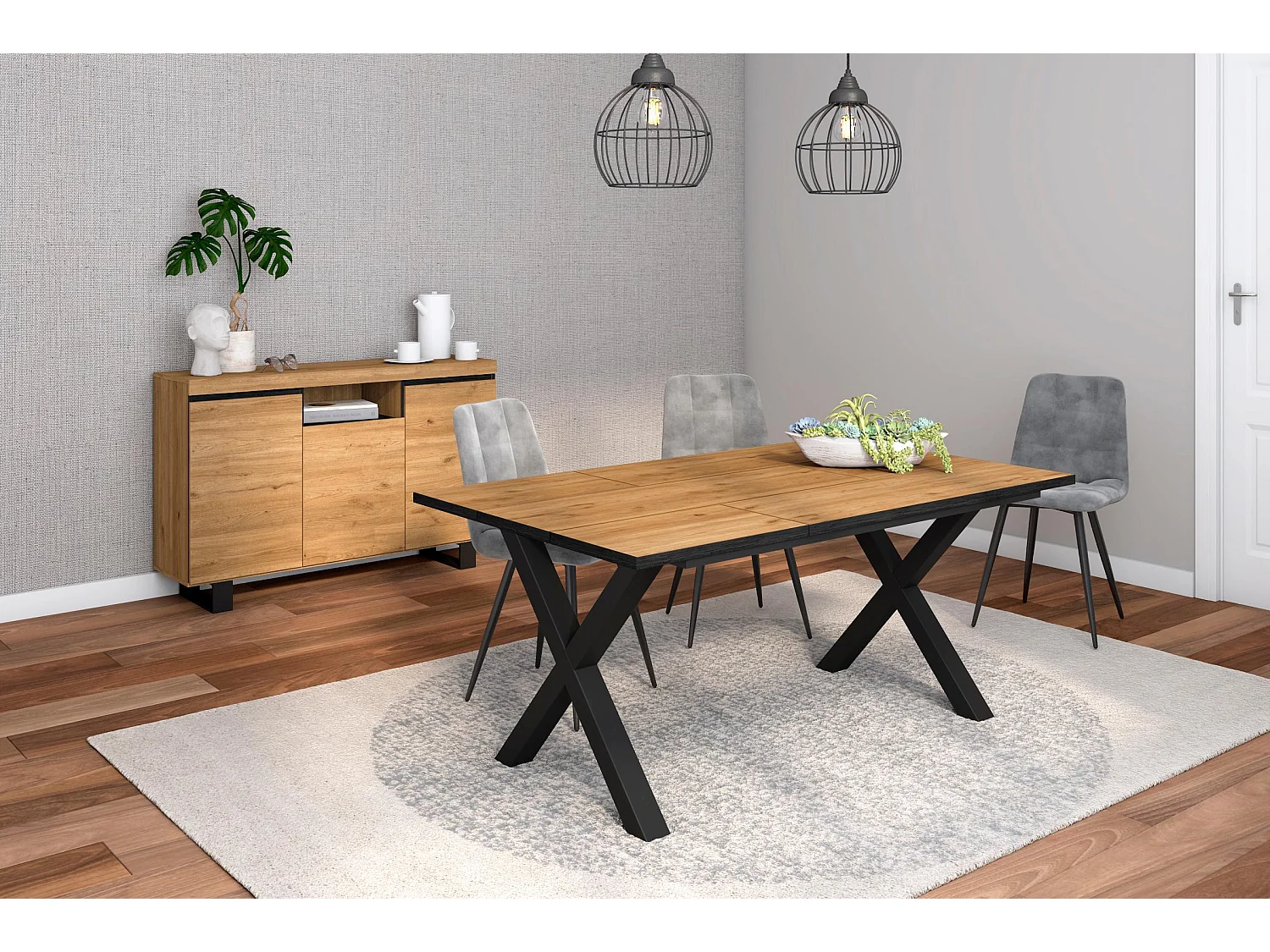 Ensemble de meubles de salon, Table 170 Front Noir pieds X 8 convives, Crédence / Buffet 140 Tall, Chêne et Noir, Style Industriel