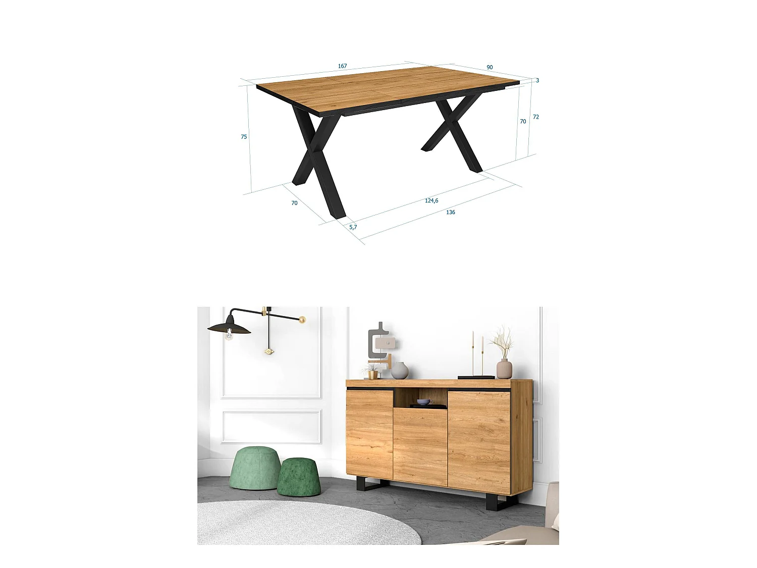 Woonkamermeubelset, Tafel 170 Front Zwart Tafelpoten X 8 guests, Sideboard / Buffetkast 140 Tall, Eiken en Zwart, Industriële stijl