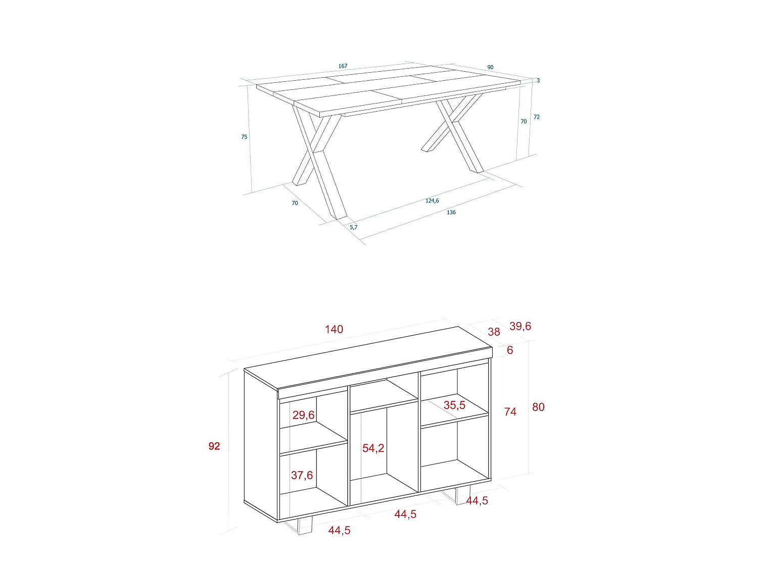 Woonkamermeubelset, Tafel 170 Front Zwart Tafelpoten X 8 guests, Sideboard / Buffetkast 140 Tall, Eiken en Zwart, Industriële stijl