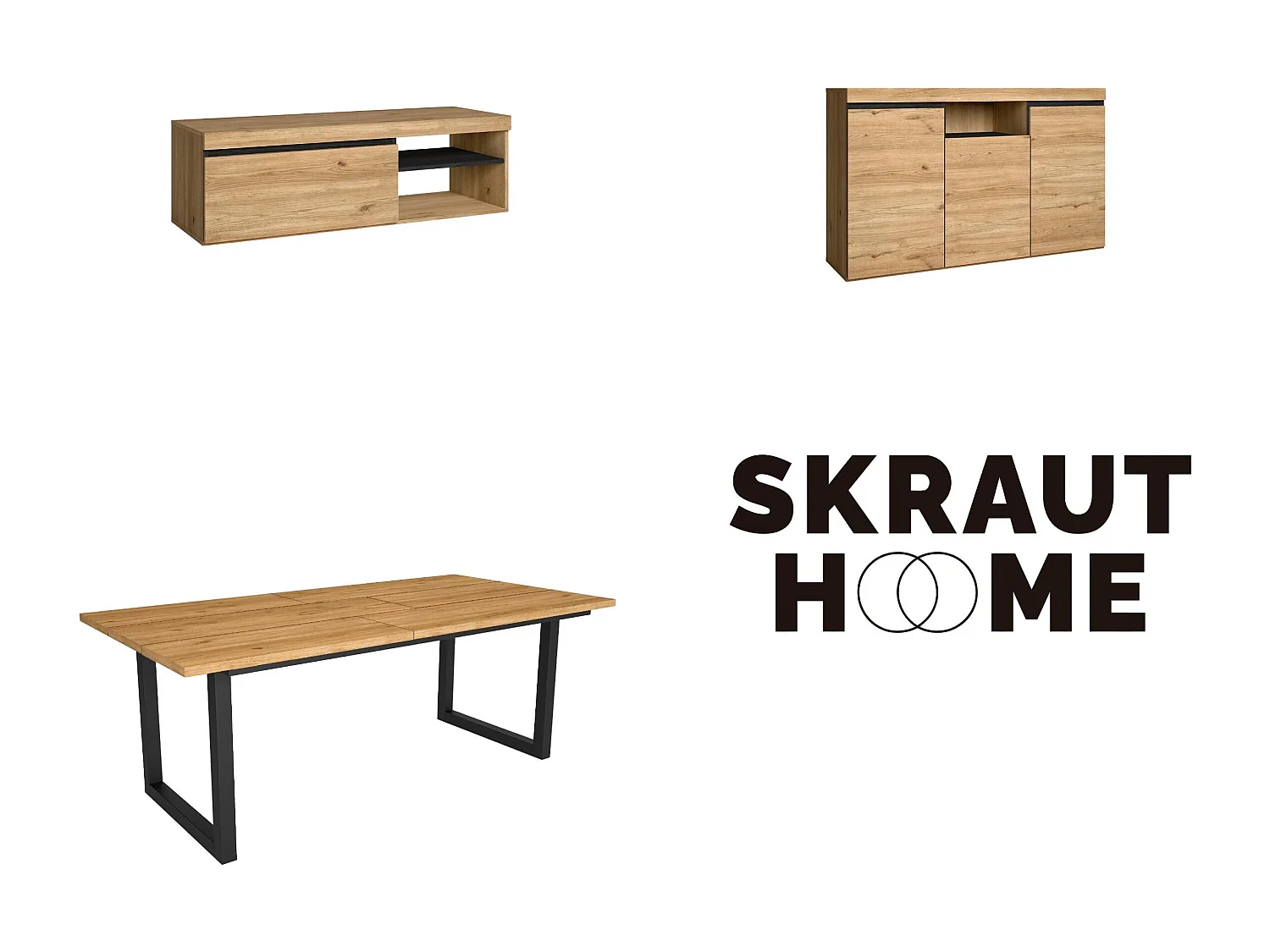 Ensemble de meubles de salon, Table 200 pieds U 10 convives, Meuble TV 120, Crédence / Buffet 140, Chêne et Noir, Style industriel