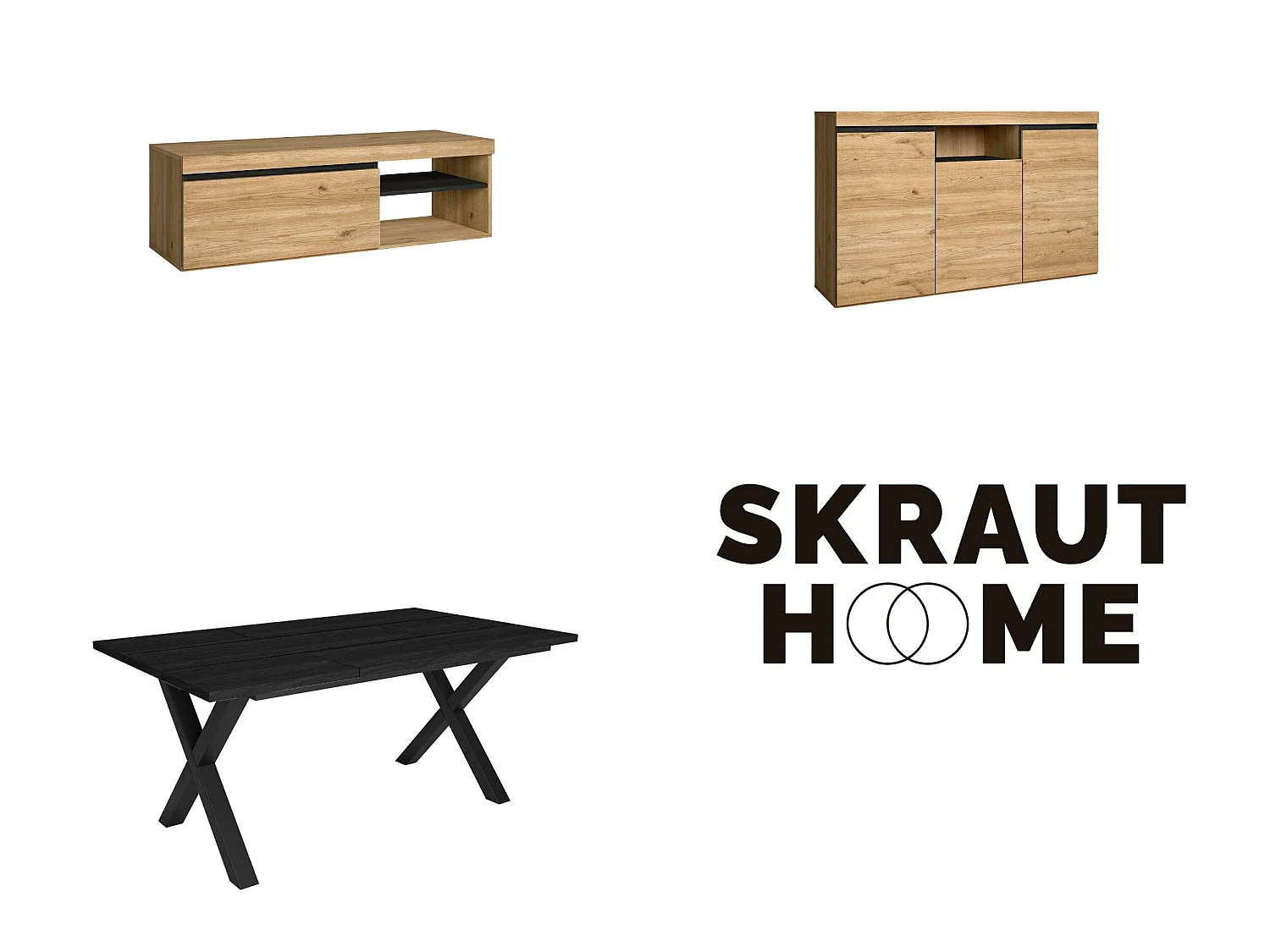 Woonkamermeubelset, Tafel 170 Zwarte Tafelpoten X 8 gasten, TV Kast 120, Sideboard / Buffetkast 140, Eiken en Zwart, Industriële