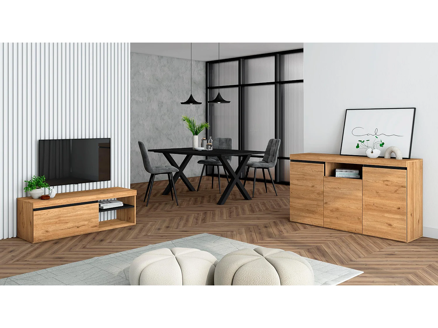Woonkamermeubelset, Tafel 170 Zwarte Tafelpoten X 8 gasten, TV Kast 120, Sideboard / Buffetkast 140, Eiken en Zwart, Industriële