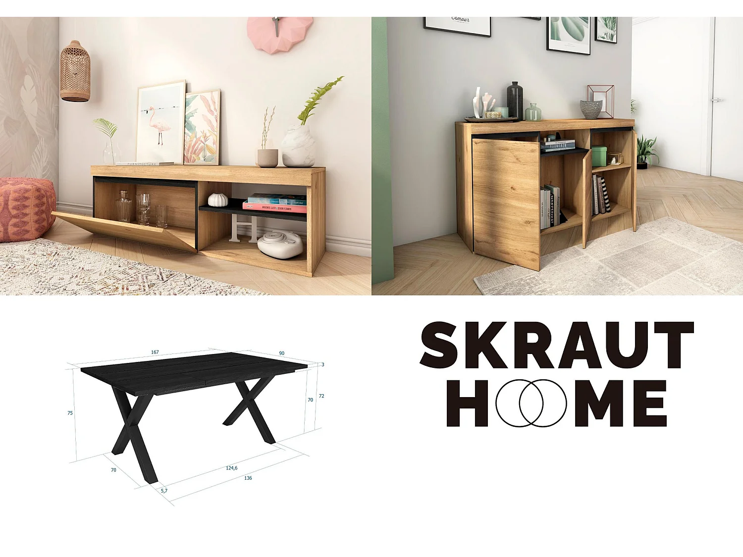 Woonkamermeubelset, Tafel 170 Zwarte Tafelpoten X 8 gasten, TV Kast 120, Sideboard / Buffetkast 140, Eiken en Zwart, Industriële