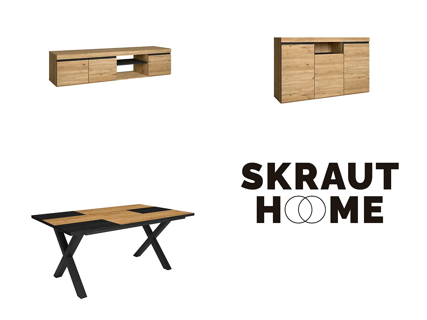 Ensemble de meubles de salon, Table 170 Bicolore pieds X 8 convives, Meuble TV 160, Crédence / Buffet 140, Chêne, Noir, industriel