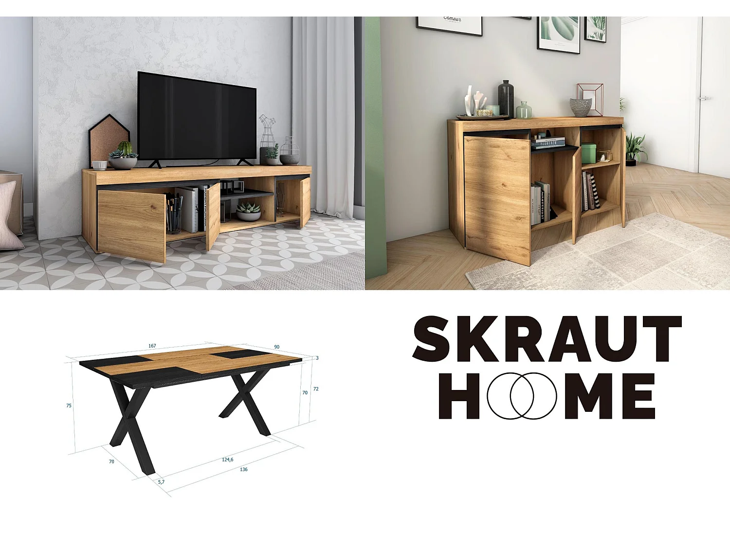 Ensemble de meubles de salon, Table 170 Bicolore pieds X 8 convives, Meuble TV 160, Crédence / Buffet 140, Chêne, Noir, industriel