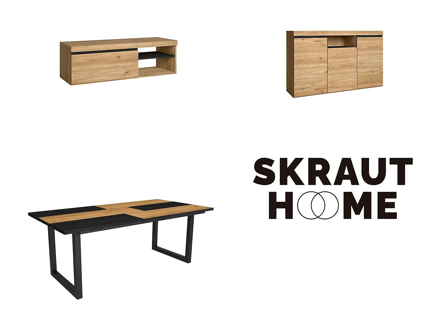 Ensemble de meubles de salon, Table 200 Bicolore pieds U 10 convives, Meuble TV 120, Crédence / Buffet 140, Chêne, Noir, industriel