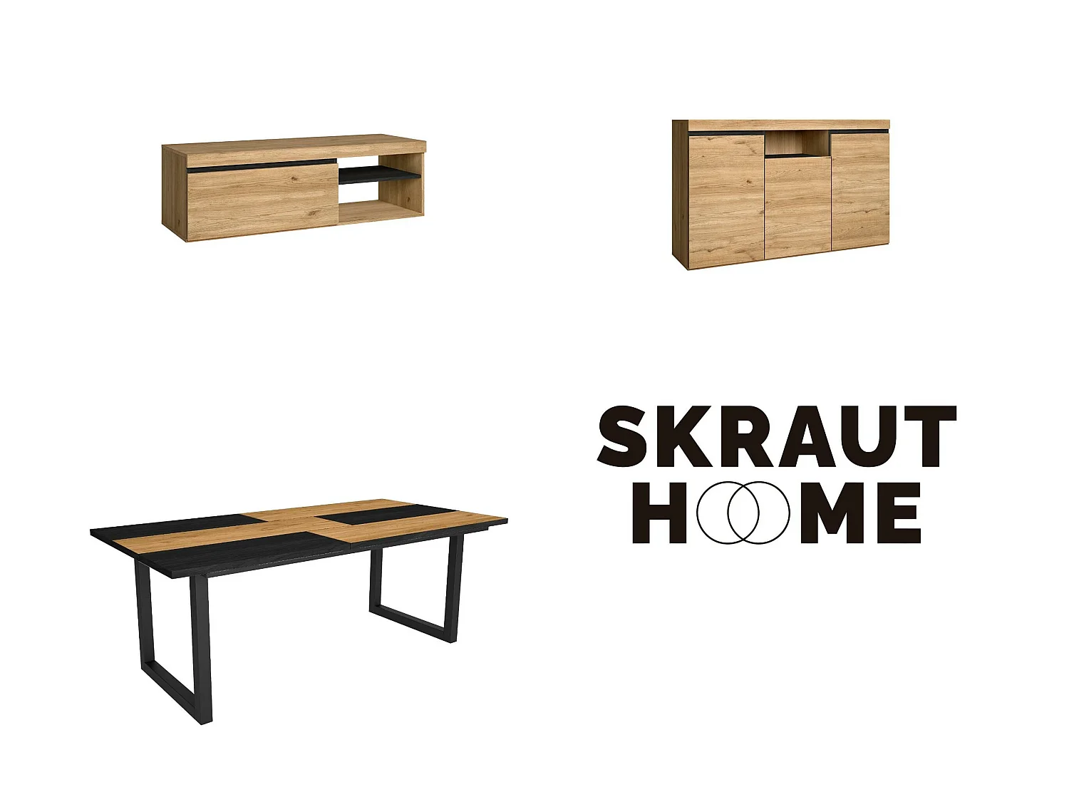 Woonkamermeubelset, Tafel 200 Bicolore Tafelpoten U 10 gasten, TV Kast 120, Sideboard / Buffetkast 140, Eiken en Zwart, Industriële