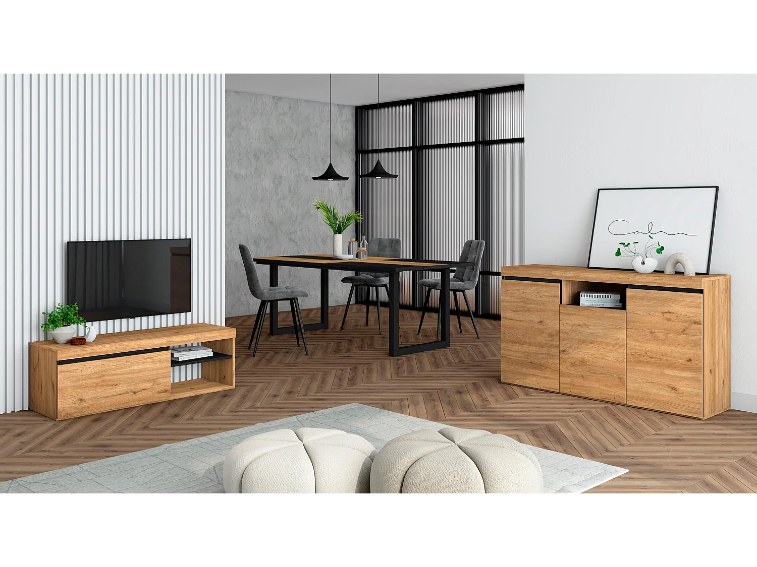Ensemble de meubles de salon, Table 200 Bicolore pieds U 10 convives, Meuble TV 120, Crédence / Buffet 140, Chêne, Noir, industriel