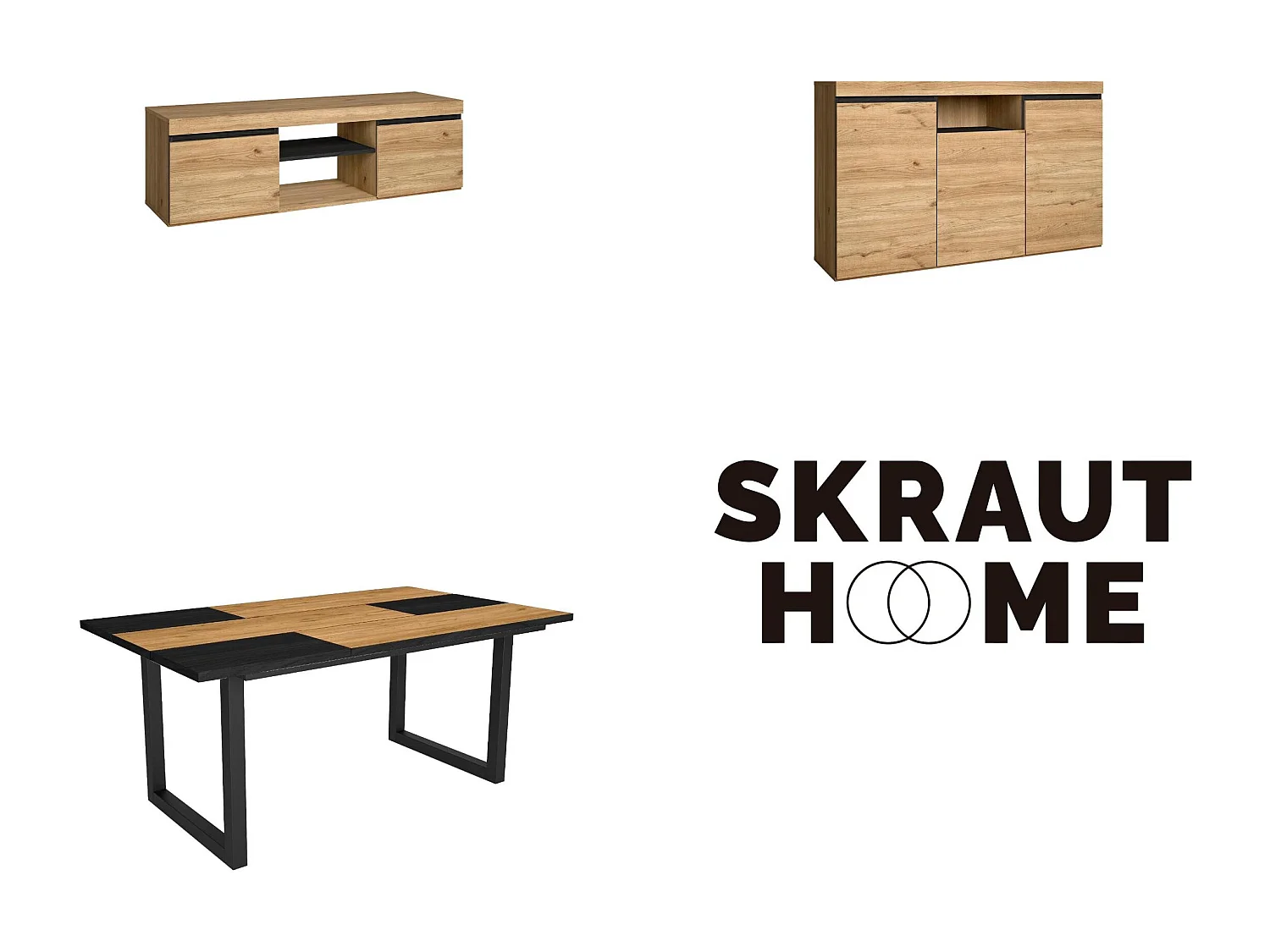 Ensemble de meubles de salon, Table 170 Bicolore pieds U 8 convives, Meuble TV 140, Crédence / Buffet 140, Chêne, Noir, Industriel