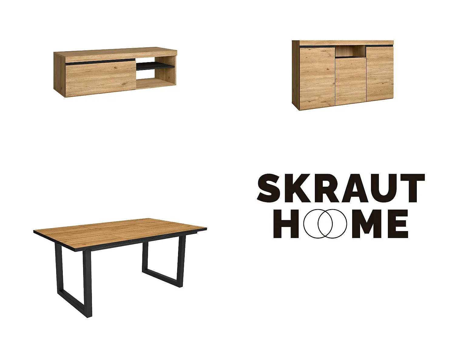 Conjunto de mobiliário para sala de estar, Mesa 170 Borda preta pés U 8 pessoas, Suporte TV120, Aparador / Buffet140, Carvalho,Preto