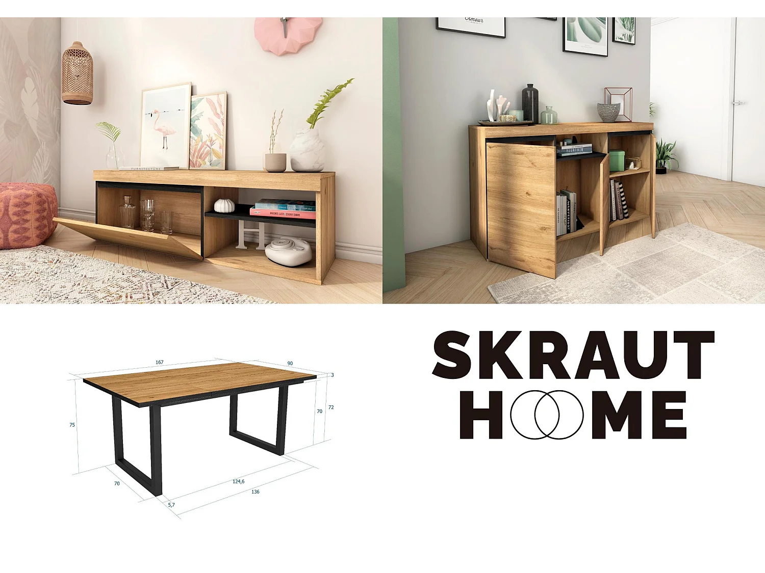 Conjunto de mobiliário para sala de estar, Mesa 170 Borda preta pés U 8 pessoas, Suporte TV120, Aparador / Buffet140, Carvalho,Preto