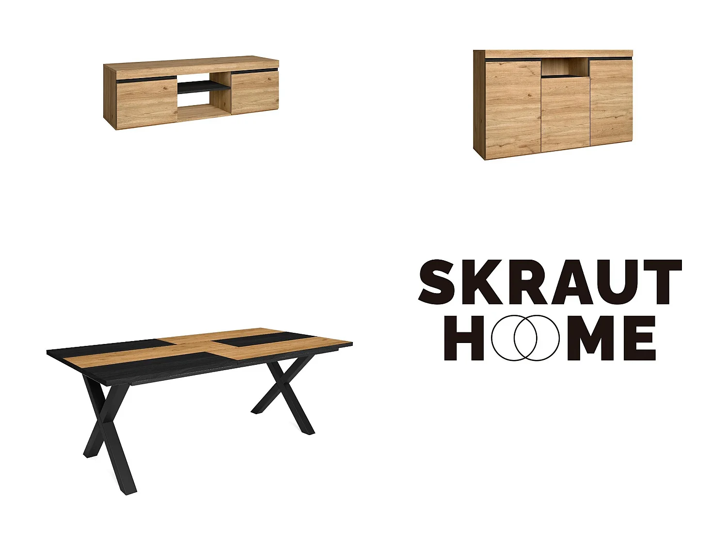 Ensemble de meubles de salon, Table 200 Bicolore pieds X 10 convives, Meuble TV 140, Crédence / Buffet 140, Chêne, Noir, Industriel