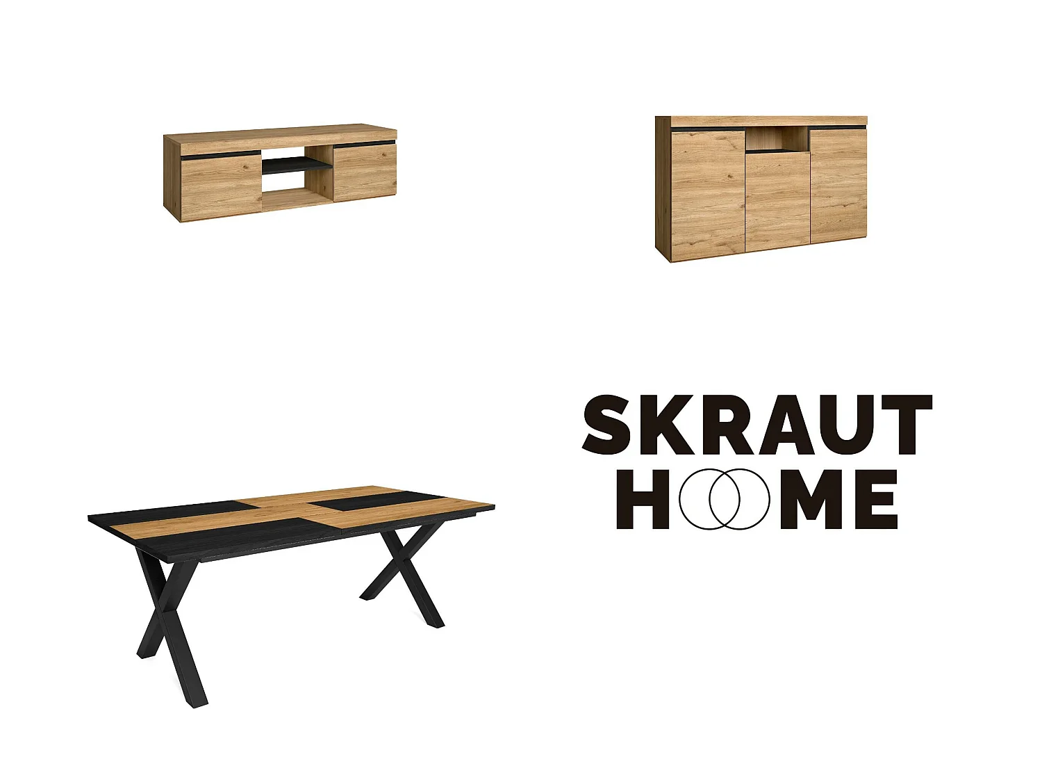 Woonkamermeubelset, Tafel 200 Bicolore Tafelpoten X 10 gasten, TV Kast 140, Sideboard / Buffetkast 140, Eiken en Zwart, Industriële