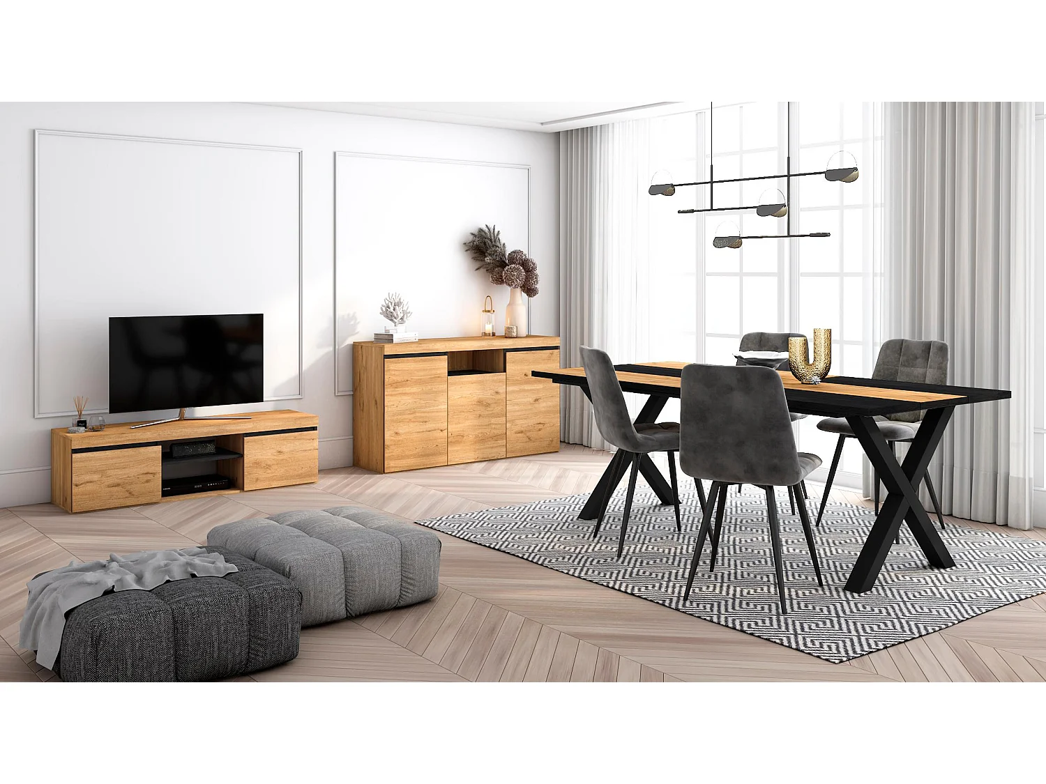 Ensemble de meubles de salon, Table 200 Bicolore pieds X 10 convives, Meuble TV 140, Crédence / Buffet 140, Chêne, Noir, Industriel