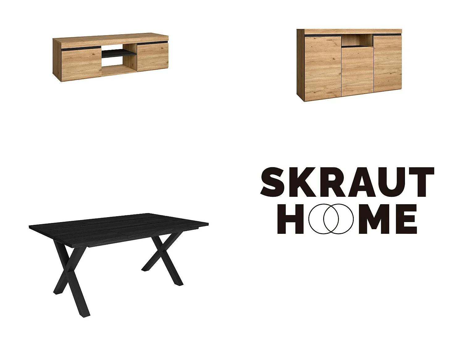 Conjunto de mobiliário para sala de estar, Mesa 170 preta pés X 8 pessoas, Suporte TV 140, Aparador / Buffet 140, Carvalho e preto