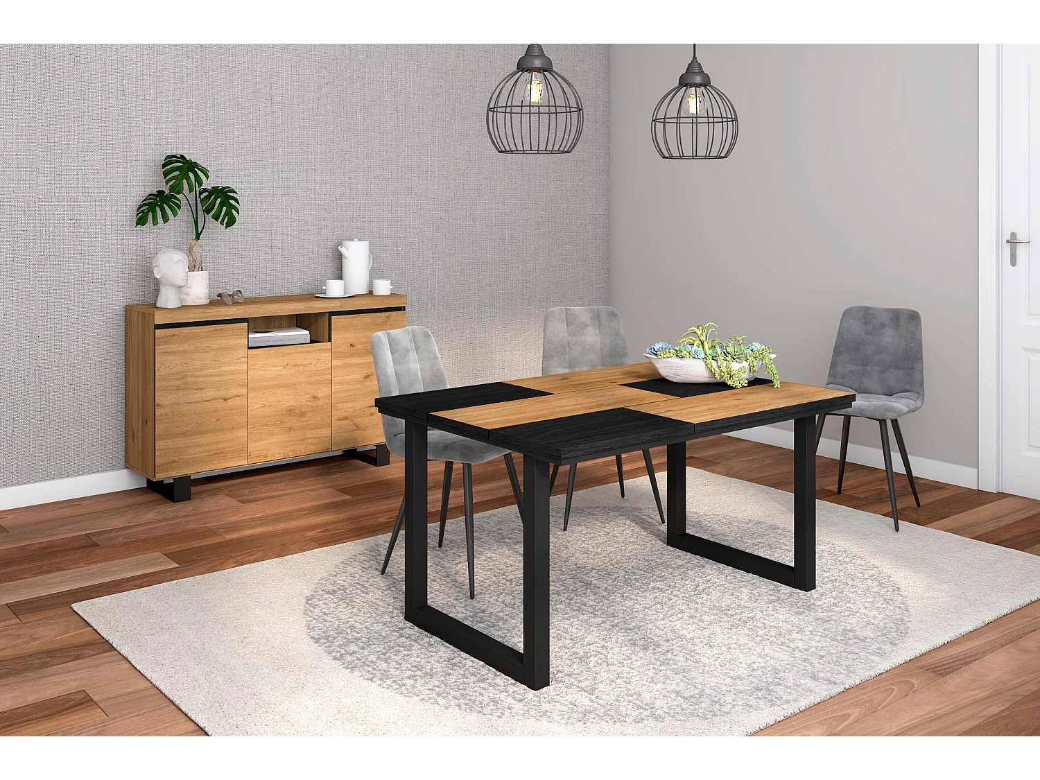 Conjunto de mobiliário para sala de estar, Mesa 140 Bicolor pés U 6 pessoas, Aparador / Buffet 140 Tall, Carvalho, Preto, Industrial