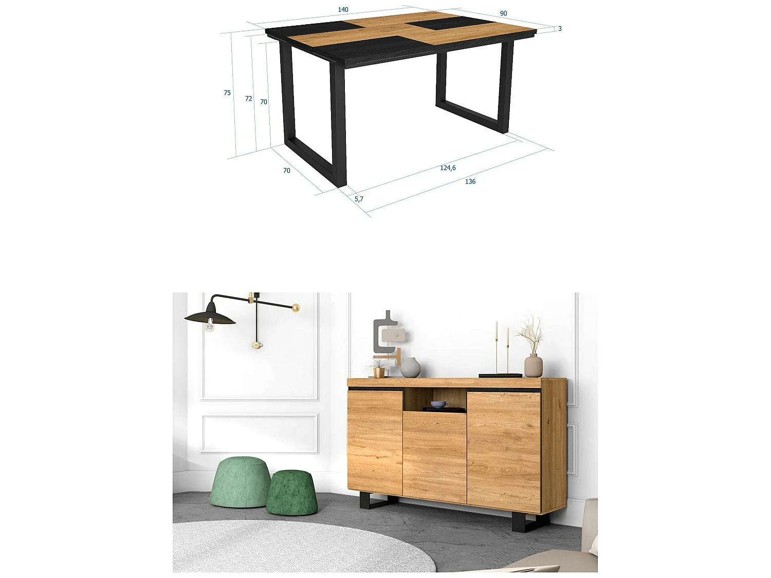 Conjunto de mobiliário para sala de estar, Mesa 140 Bicolor pés U 6 pessoas, Aparador / Buffet 140 Tall, Carvalho, Preto, Industrial
