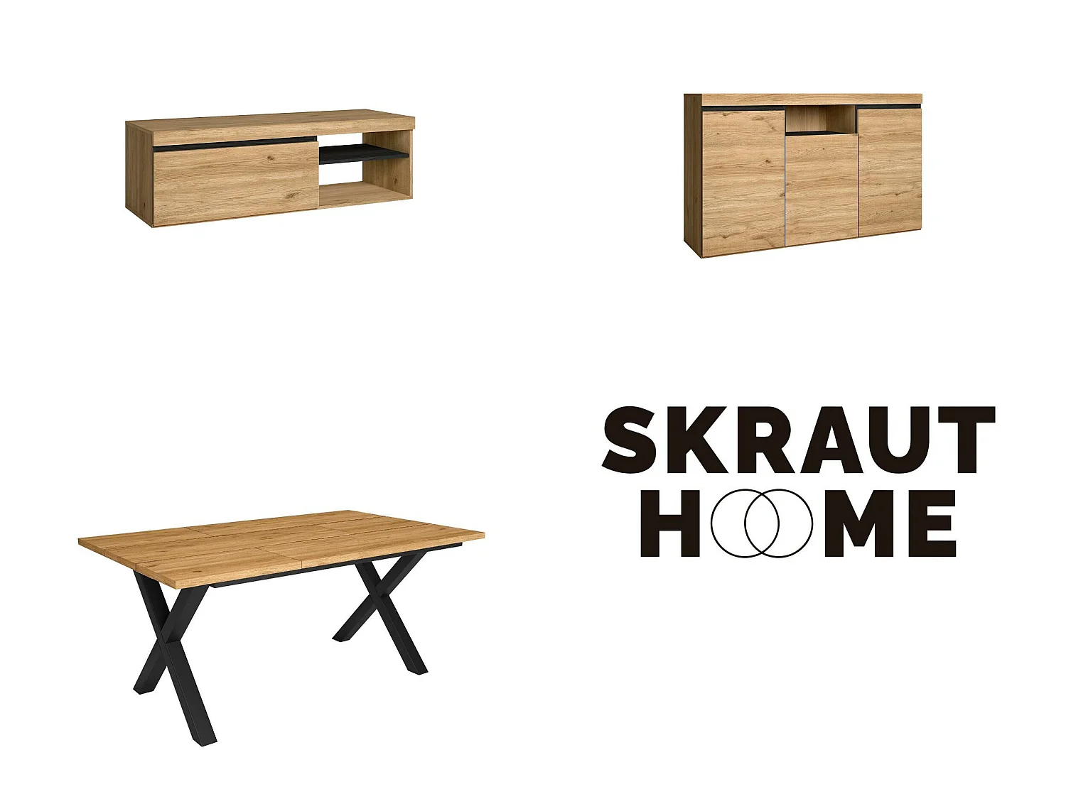 Set di mobili per il soggiorno, Tavolo 170 piedi U 8 commensali, Mobile TV 120, Madia / Credenza 140, Rovere e Nero, Industriale