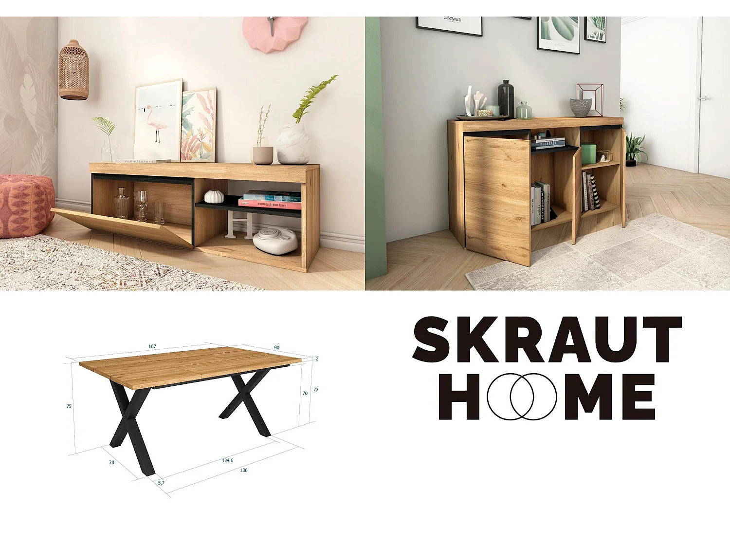 Set di mobili per il soggiorno, Tavolo 170 piedi U 8 commensali, Mobile TV 120, Madia / Credenza 140, Rovere e Nero, Industriale