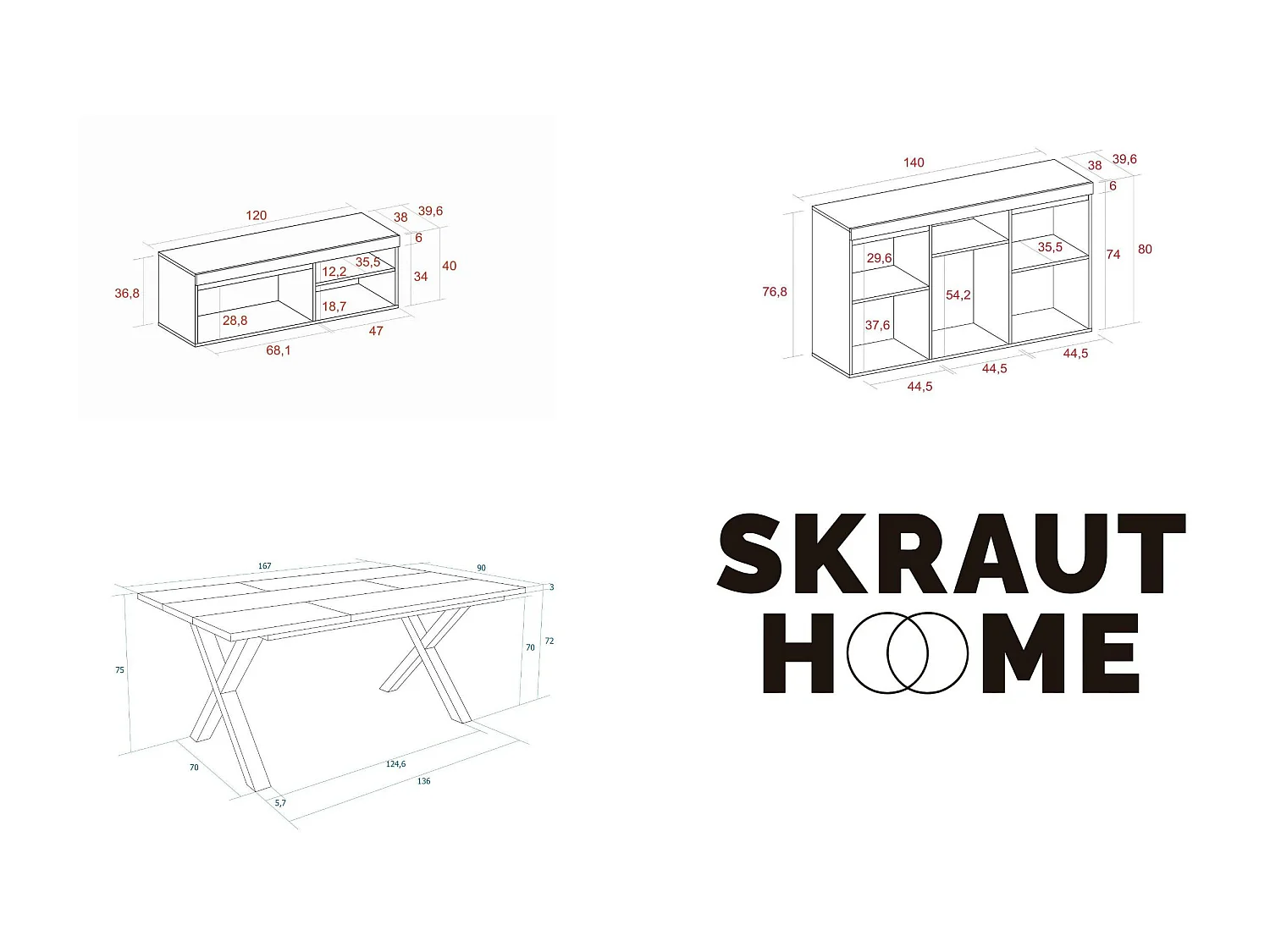 Set di mobili per il soggiorno, Tavolo 170 piedi U 8 commensali, Mobile TV 120, Madia / Credenza 140, Rovere e Nero, Industriale