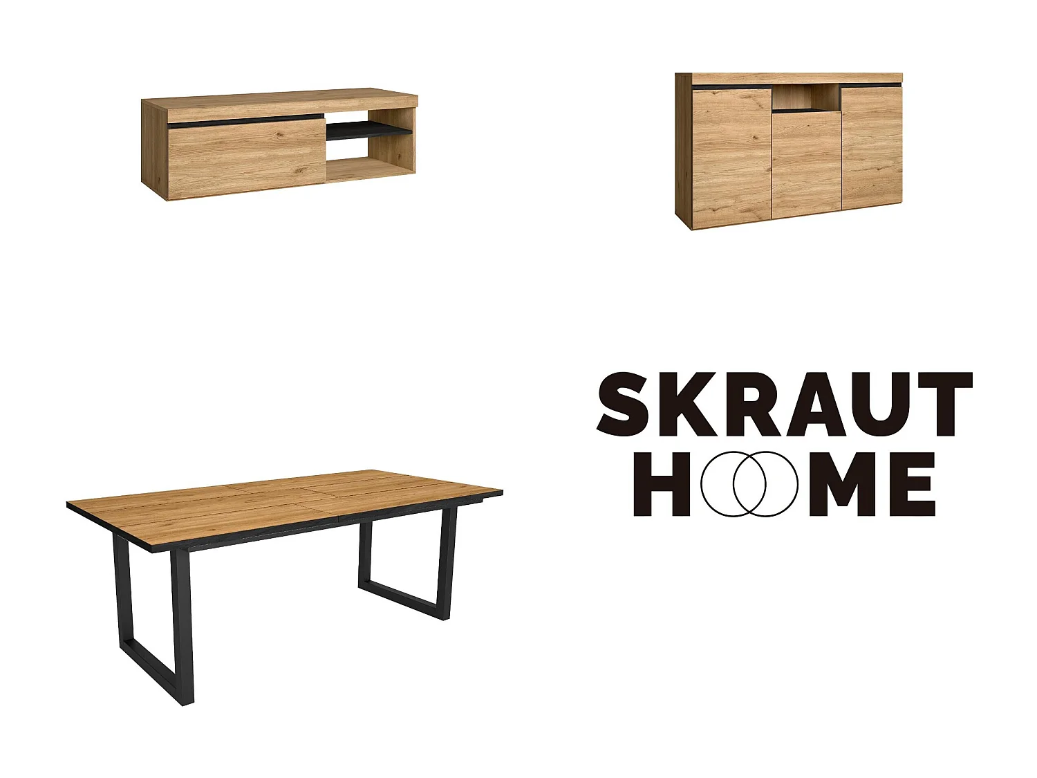 Woonkamermeubelset, Tafel 200 Front Zwart Tafelpoten U 10 gasten, TV Kast120, Sideboard / Buffetkast 140, Eiken, Zwart, Industriële