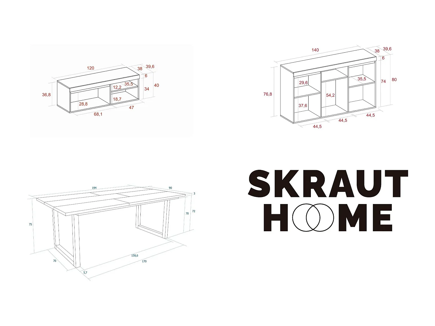 Woonkamermeubelset, Tafel 200 Front Zwart Tafelpoten U 10 gasten, TV Kast120, Sideboard / Buffetkast 140, Eiken, Zwart, Industriële