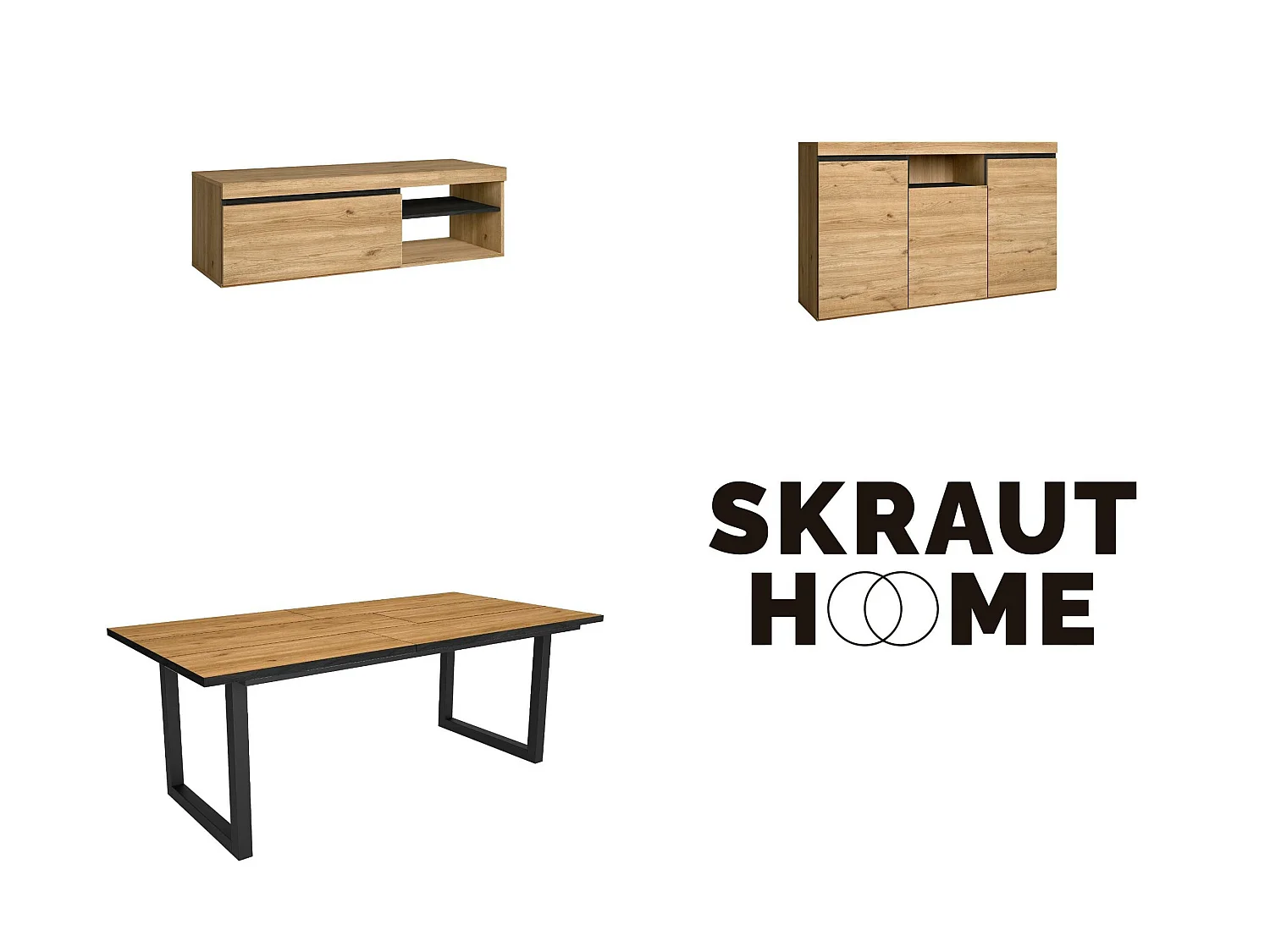 Woonkamermeubelset, Tafel 200 Front Zwart Tafelpoten U 10 gasten, TV Kast120, Sideboard / Buffetkast 140, Eiken, Zwart, Industriële