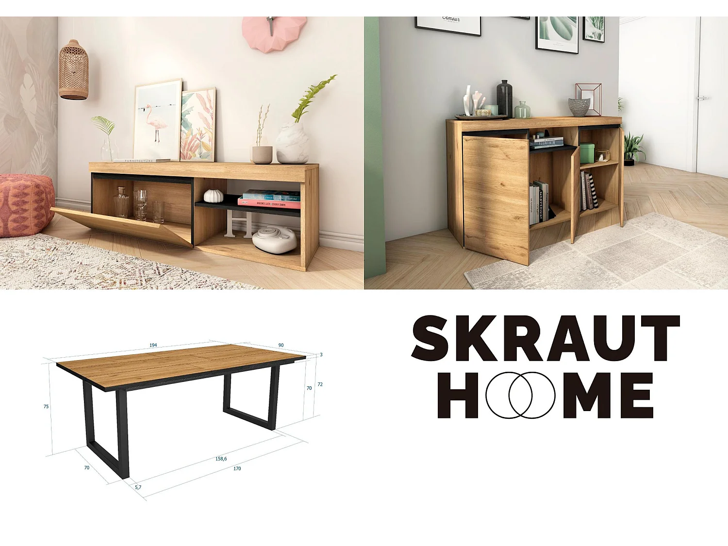 Conjunto muebles salon, Mesa 200 Canto negro patas U 10 comensales, Mueble TV 120, Aparador / Buffet 140, Roble y Negro, Industrial