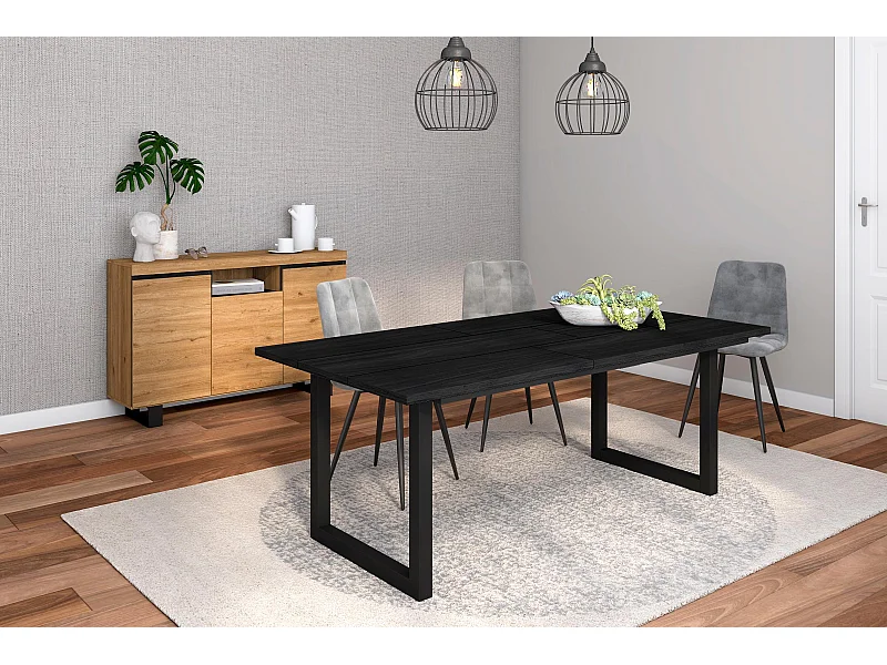 Ensemble de meubles de salon, Table 200 Noire pieds U 10 convives, Crédence / Buffet 140 Tall, Chêne et Noir, Style Industriel