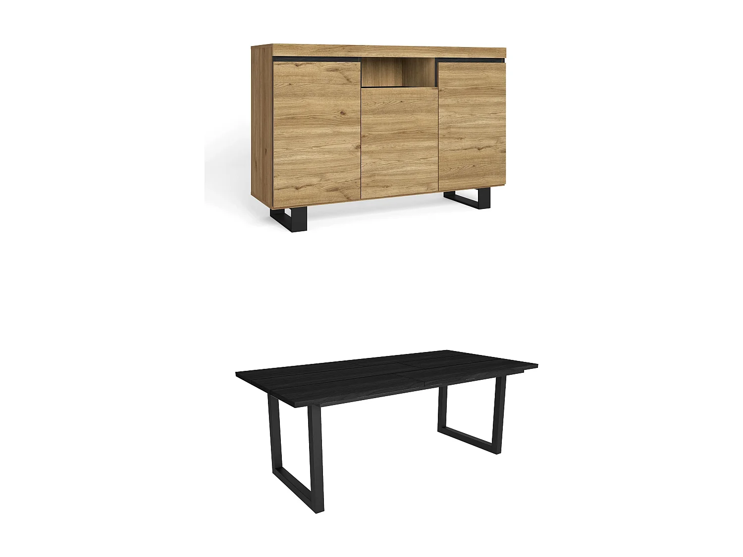 Ensemble de meubles de salon, Table 200 Noire pieds U 10 convives, Crédence / Buffet 140 Tall, Chêne et Noir, Style Industriel