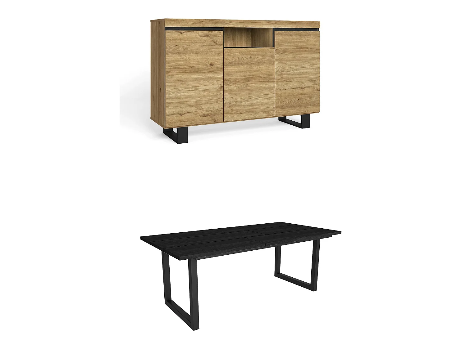 Woonkamermeubelset, Tafel 200 Zwarte Tafelpoten U 10 gasten, Sideboard / Buffetkast 140 Tall, Eiken en Zwart, Industriële stijl