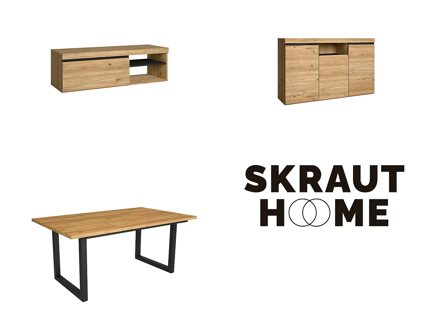 Conjunto de mobiliário para sala de estar, Mesa 170 pés U 8 pessoas, Suporte TV 120, Aparador / Buffet 140, Carvalho e Preto