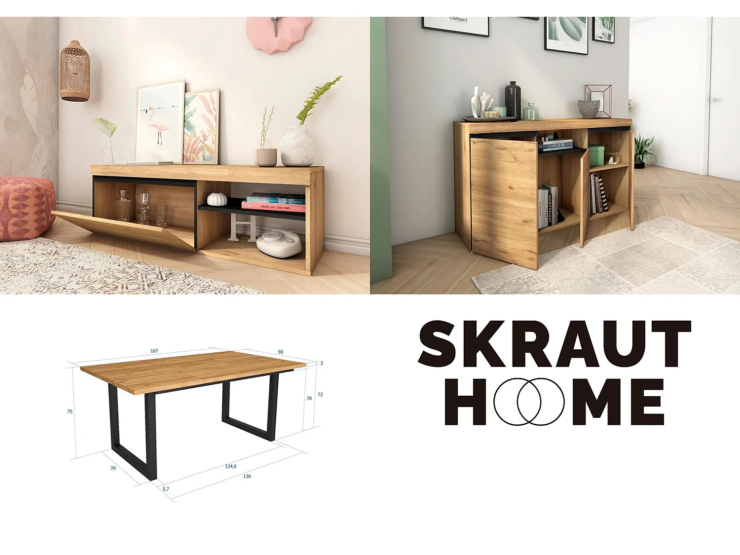 Conjunto de mobiliário para sala de estar, Mesa 170 pés U 8 pessoas, Suporte TV 120, Aparador / Buffet 140, Carvalho e Preto