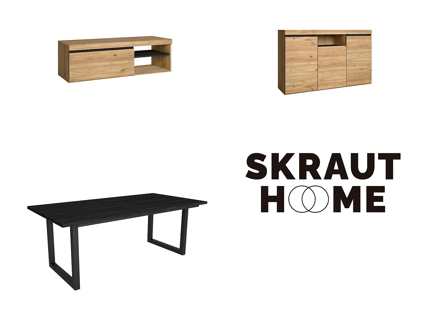 Wohnzimmermöbel-Set, Tisch 200 Schwarze U-Beine 10 Personen, Lowboard 120, Sideboard / Buffetschrank 140, Eiche und Schwarz