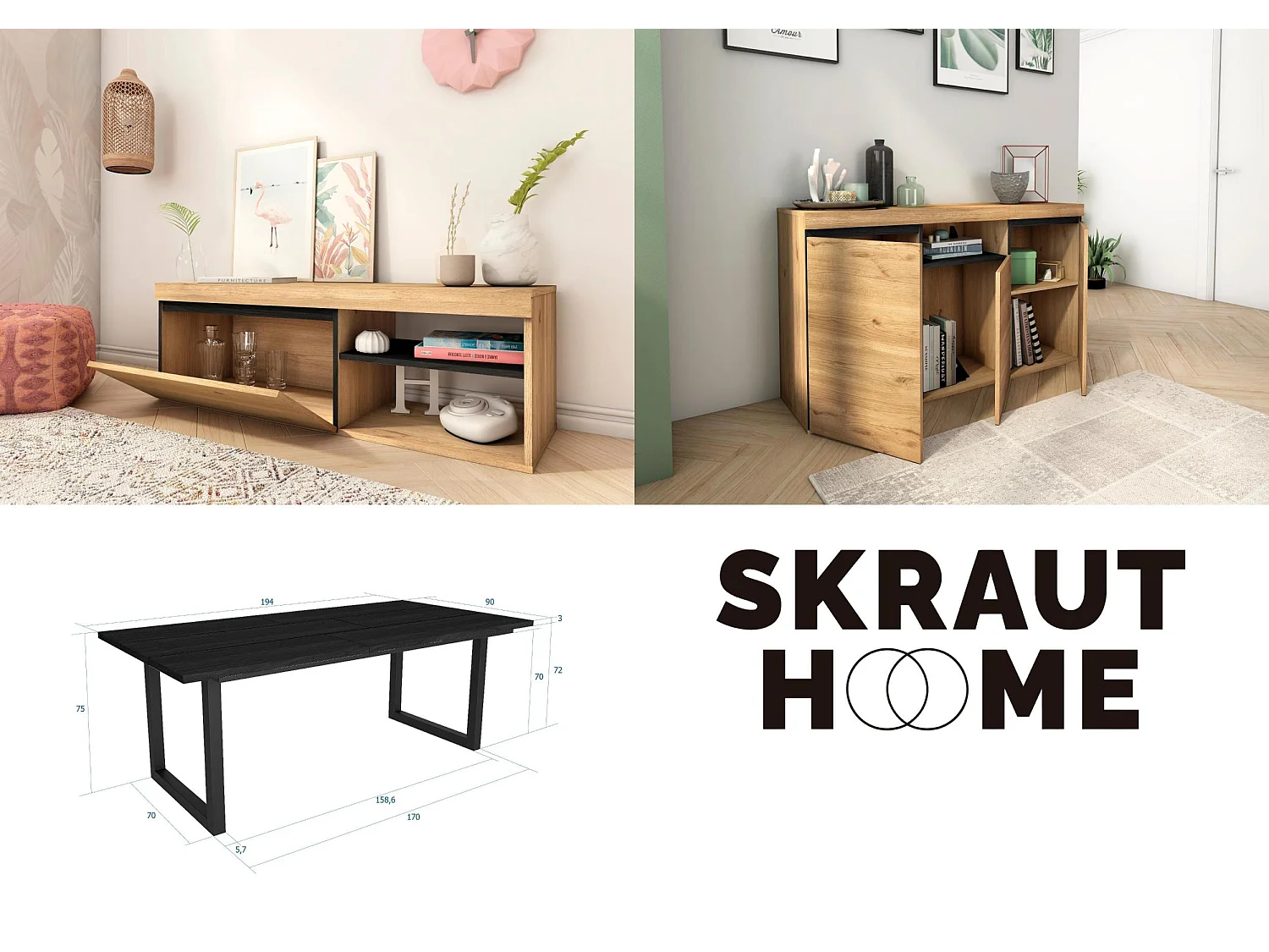 Wohnzimmermöbel-Set, Tisch 200 Schwarze U-Beine 10 Personen, Lowboard 120, Sideboard / Buffetschrank 140, Eiche und Schwarz