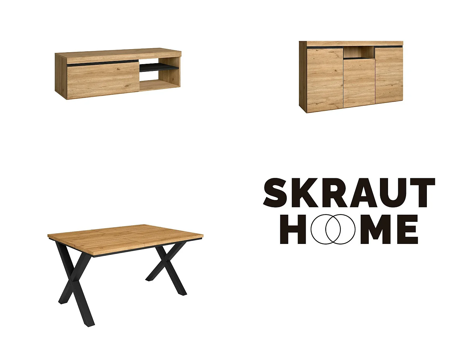 Ensemble de meubles de salon, Table 140 pieds X 6 convives, Meuble TV 120, Crédence / Buffet 140, Chêne et Noir, Style Industriel