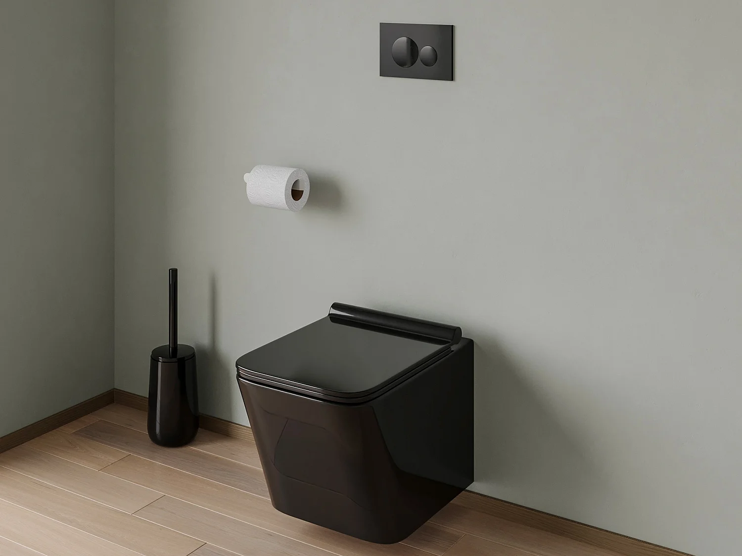 Set voor hang-wc van mat zwart keramiek met optie voorwandsysteem en ronde bedieningsplaat - CLEMONA