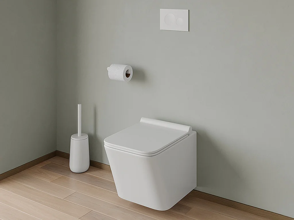 Pack WC suspendu blanc avec bâti-support et plaque de déclenchement blanche ronde - CLEMONA