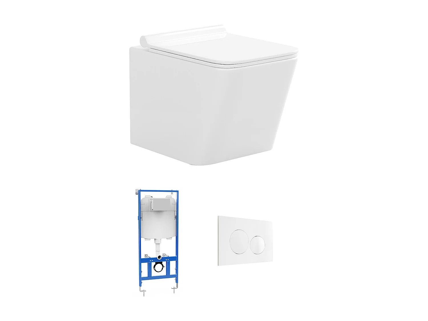 Set voor witte hang-wc met voorwandsysteem en witte ronde bedieningsplaat - CLEMONA