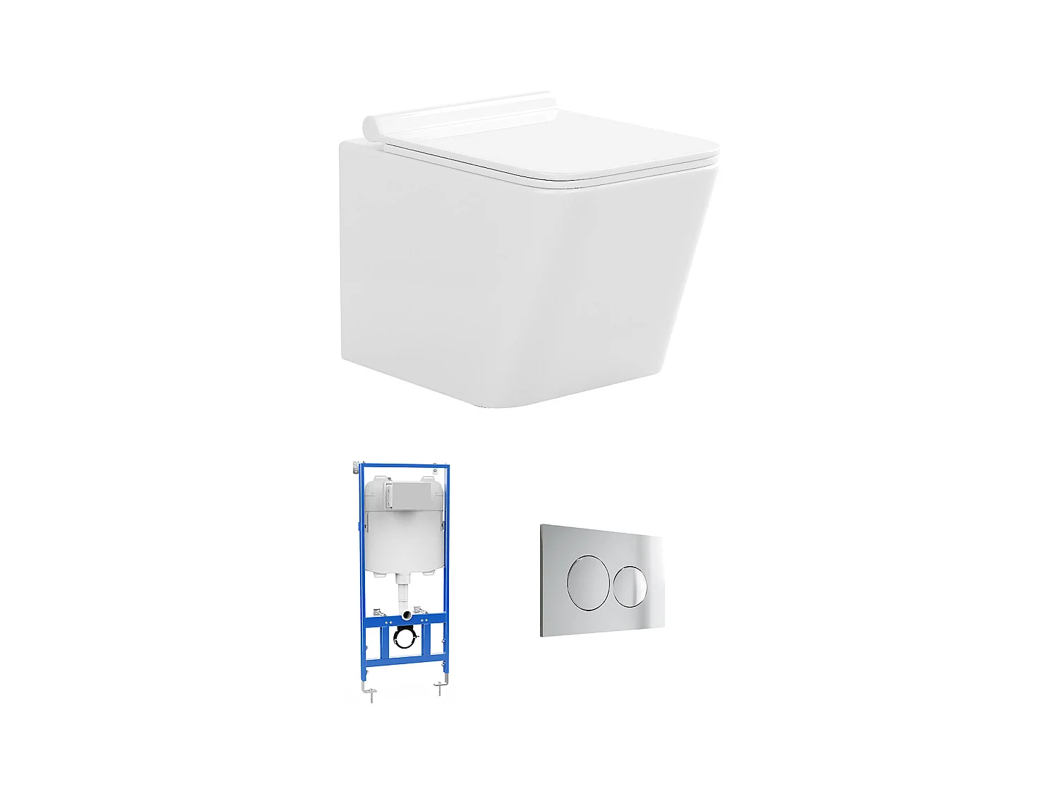 Sparset - Weißes Wand-WC mit Trägergestell & Runder, chromfarbener Betätigungsplatte - CLEMONA