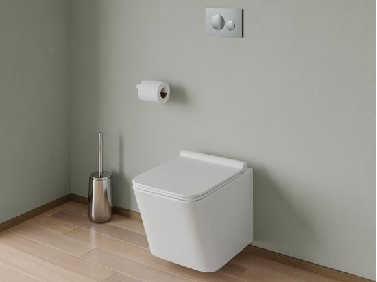 vente unique Pack WC suspendu blanc avec bâti-support et plaque de déclenchement chrome ronde - CLEMONA