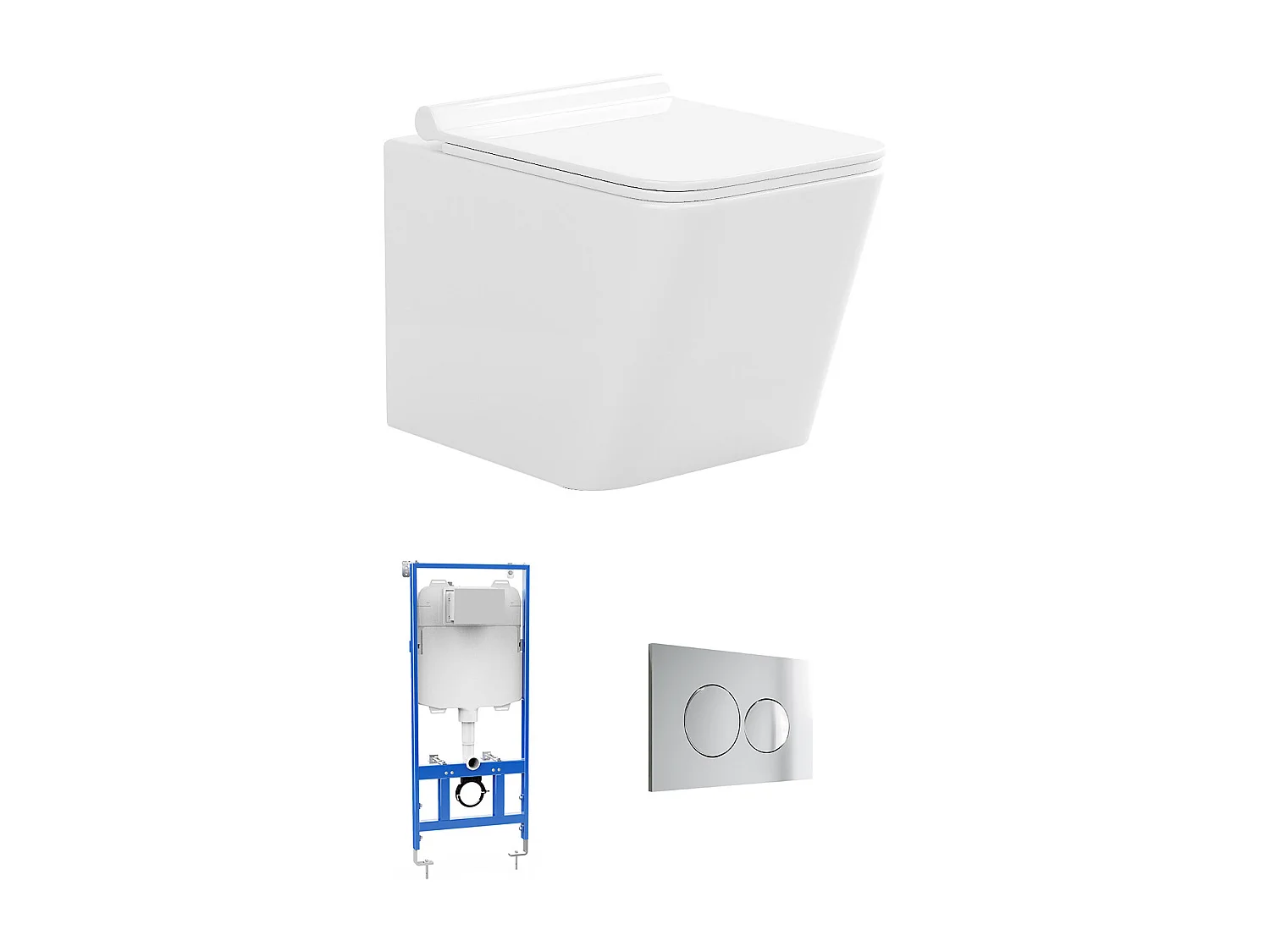 Pack WC suspendu blanc avec bâti-support et plaque de déclenchement chrome ronde - CLEMONA