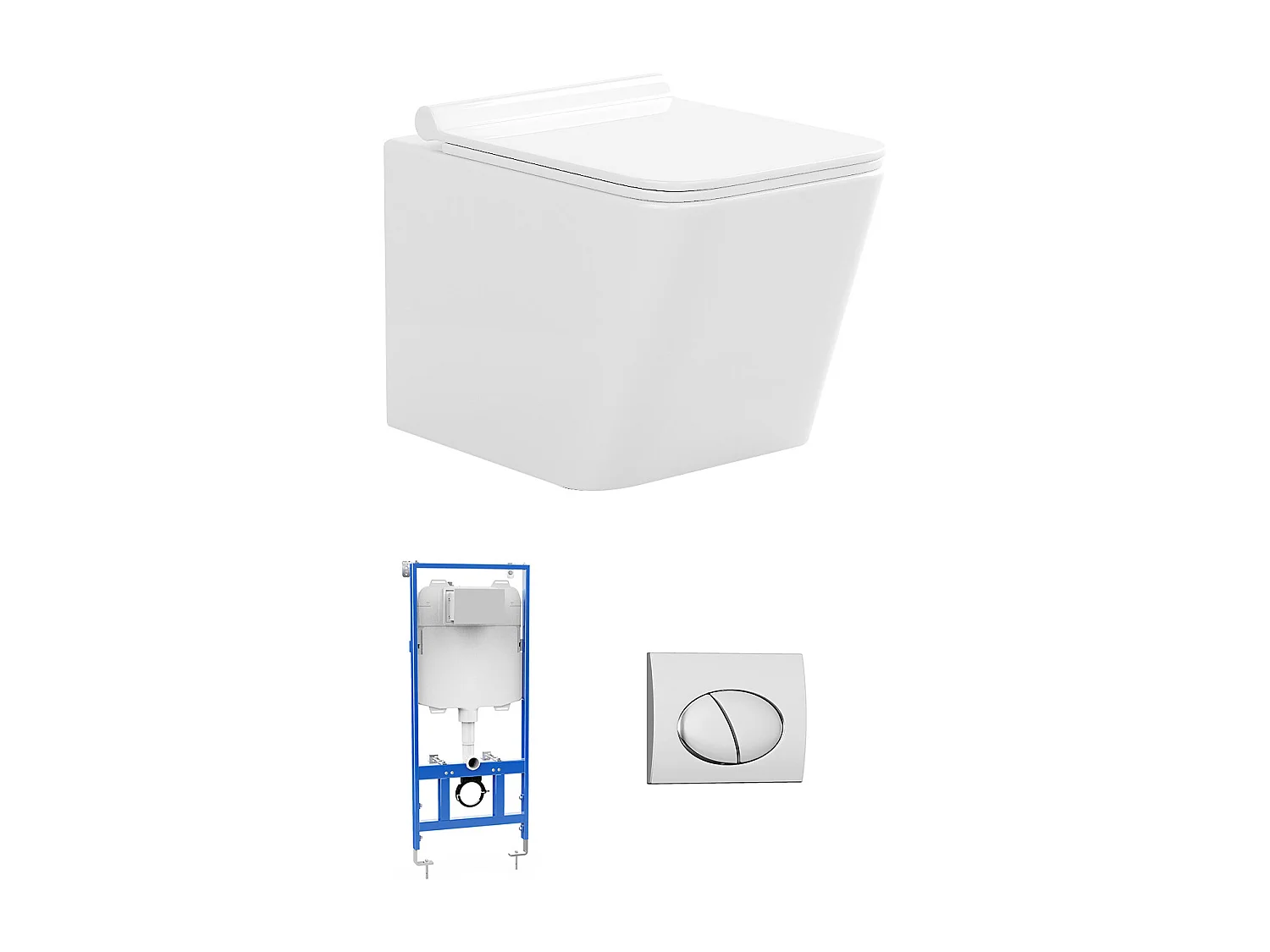 Pack WC suspendu blanc avec bâti-support et plaque de déclenchement chrome ovale - CLEMONA