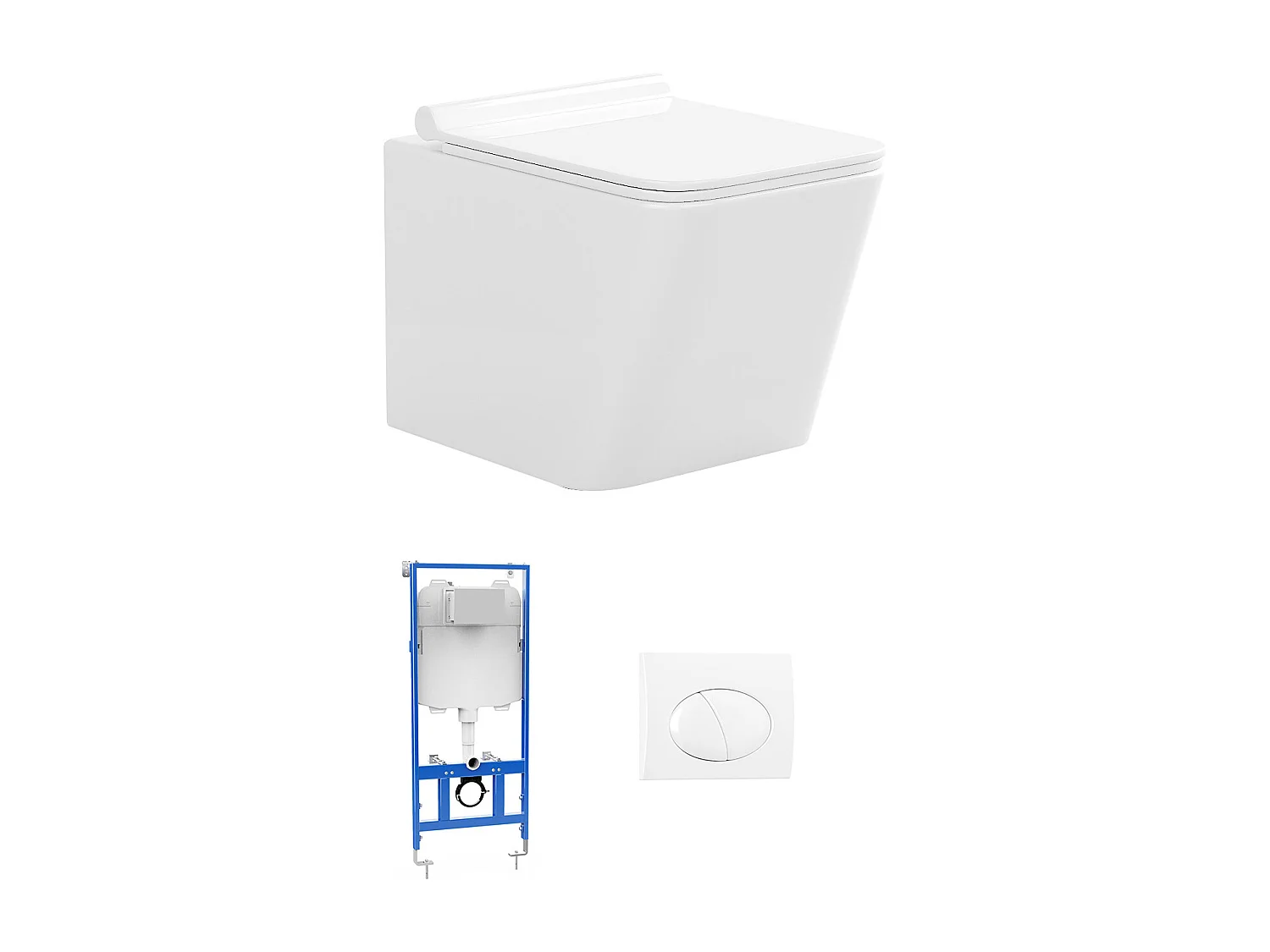 Hvitt vegg-montert toalettsett med sisterne og oval hvitt klosettrykknapp - CLEMONA