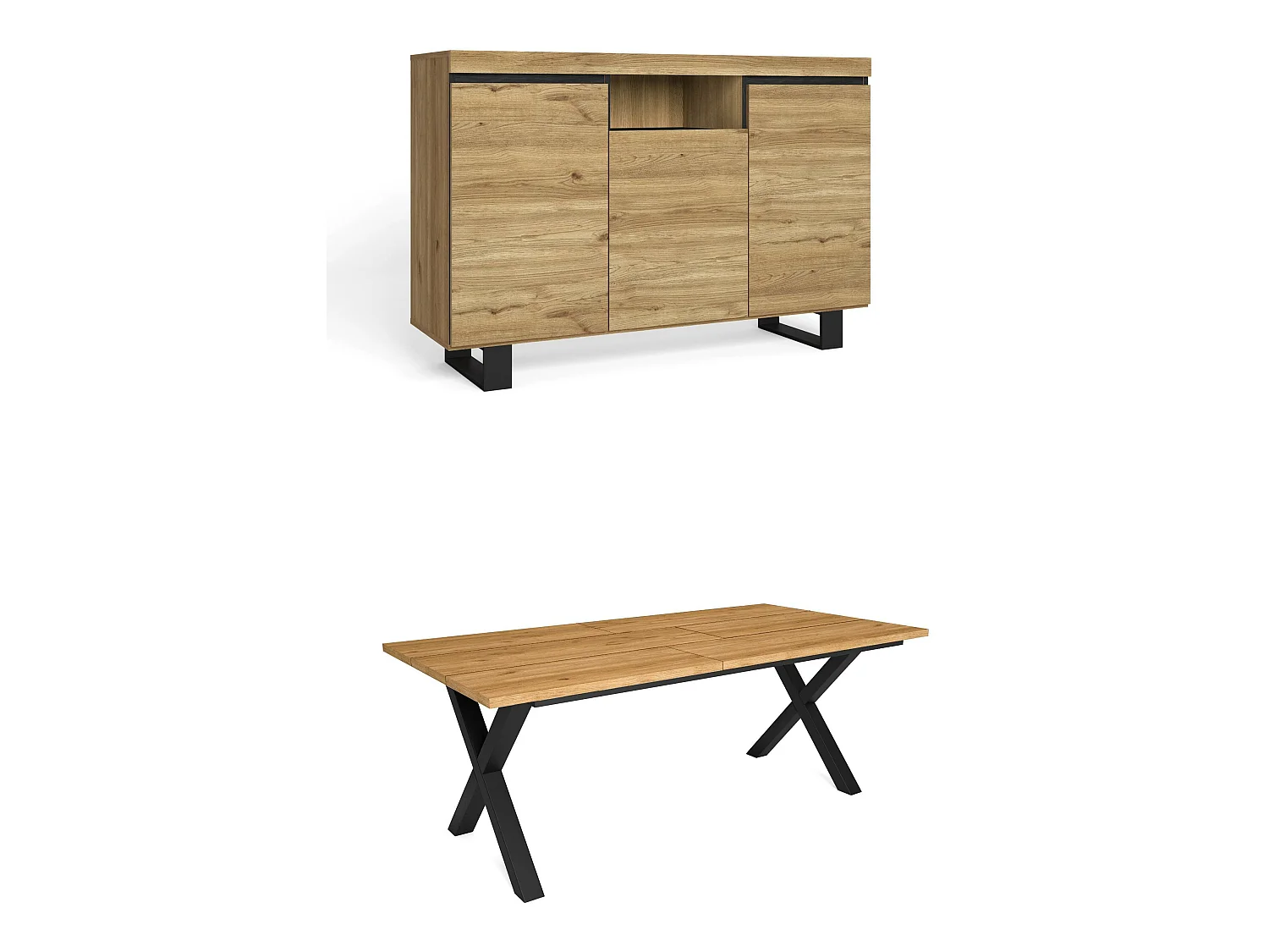 Ensemble de meubles de salon, Table 200 pieds X 10 convives, Crédence / Buffet 140 Tall, Chêne et Noir, Style Industriel