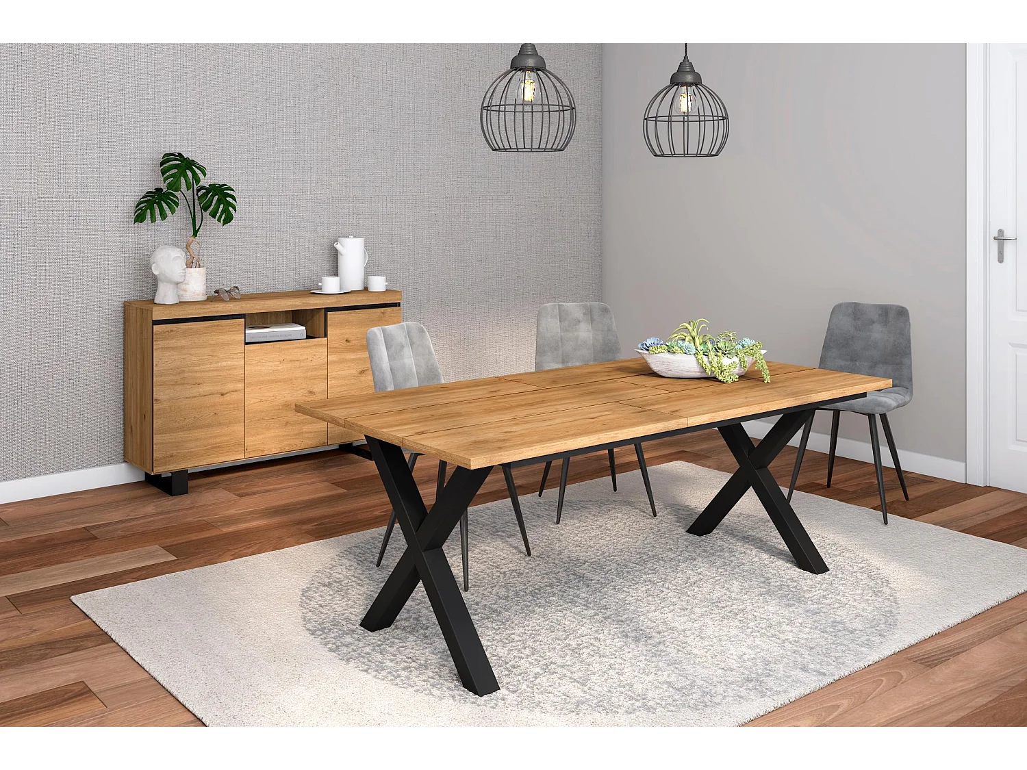 Ensemble de meubles de salon, Table 200 pieds X 10 convives, Crédence / Buffet 140 Tall, Chêne et Noir, Style Industriel